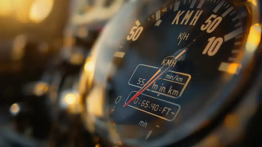 Gros plan sur un compteur de vitesse analogique affichant la vitesse en km/h avec lumière dorée en arrière-plan.