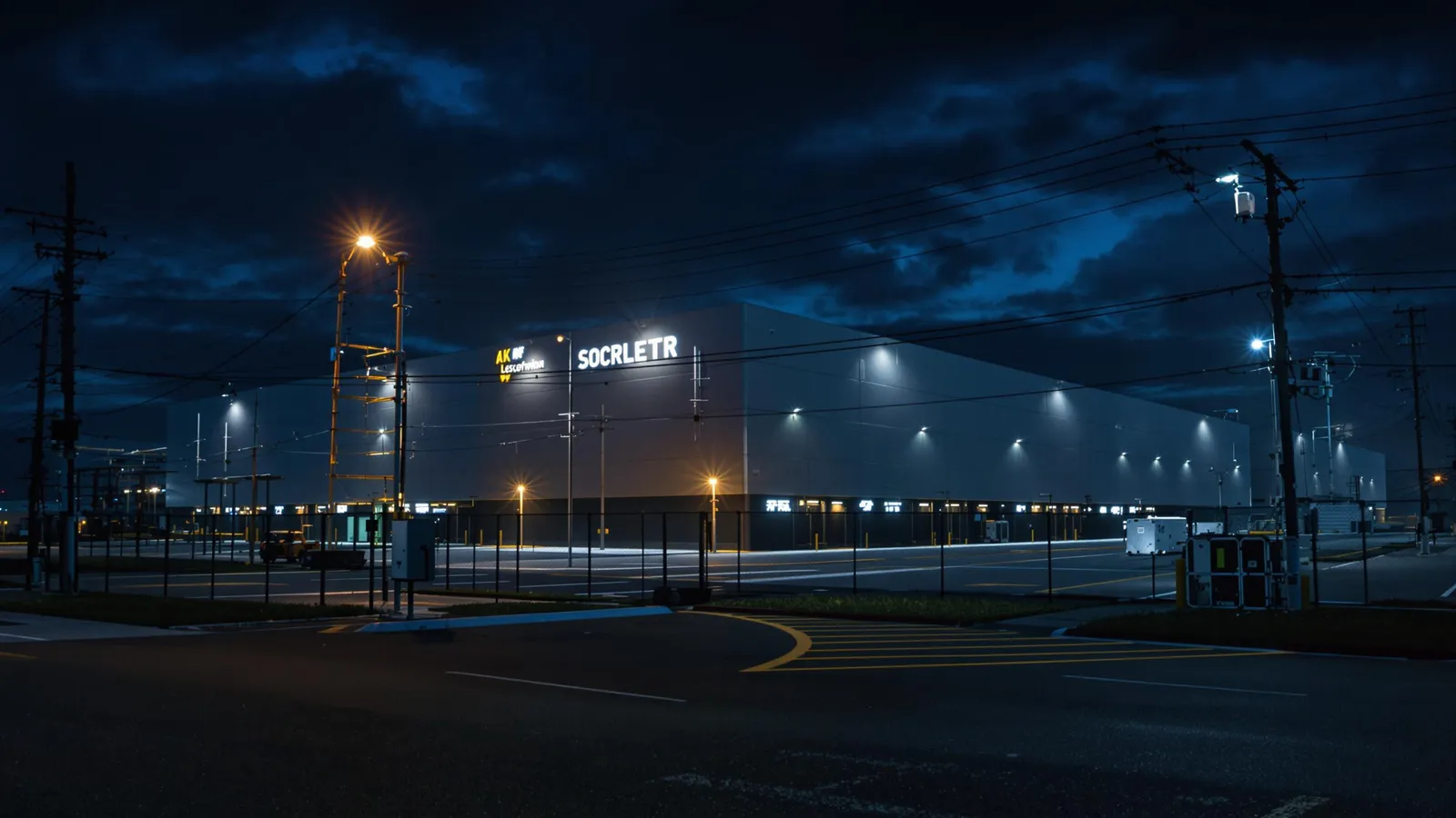 Vue nocturne d’un entrepôt industriel moderne éclairé par des lampadaires, avec l’enseigne « SOCRLETR » visible sur la façade, sous un ciel nuageux.