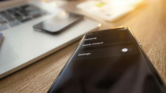 Smartphone Samsung avec option hotspot mobile désactivée, posé sur un bureau en bois à côté d’un ordinateur portable et d’un autre smartphone, éclairage naturel.