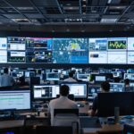 Control room with multiple screens and operators