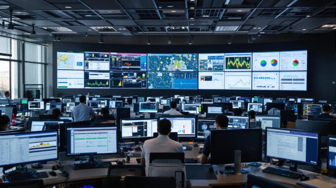 Control room with multiple screens and operators