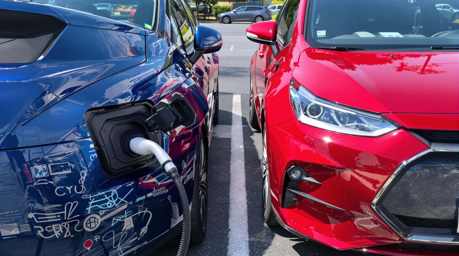 Blue electric car charging next to a red car.