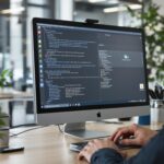 Développeur travaillant sur un iMac dans un bureau moderne, écrivant du code dans un environnement de développement sombre.