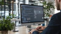 Développeur travaillant sur un iMac dans un bureau moderne, écrivant du code dans un environnement de développement sombre.