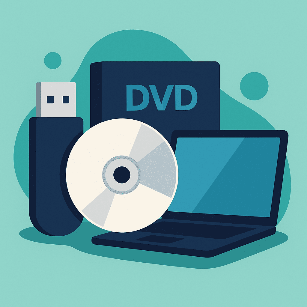 Illustration représentant une clé USB, un DVD, un boîtier DVD et un ordinateur portable sur fond bleu, symbolisant différents supports de stockage de données.
