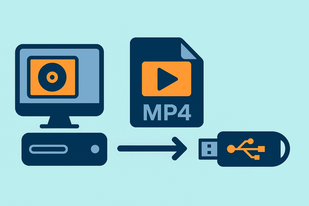 Illustration schématique représentant la conversion d’un DVD en fichier MP4, transféré vers une clé USB à l’aide d’un ordinateur.