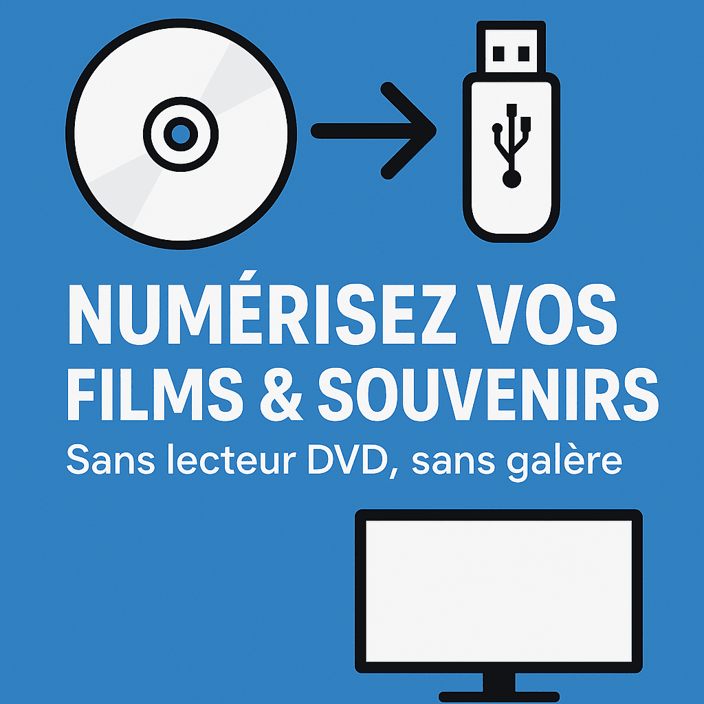 Miniature illustrant le transfert d’un DVD vers une clé USB avec les textes 'Numérisez vos films & souvenirs' et 'Sans lecteur DVD, sans galère' sur fond bleu, accompagnés d’icônes de DVD, clé USB et écran.