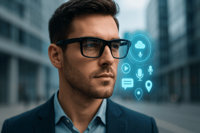 Homme portant des lunettes intelligentes futuristes avec interface holographique bleutée, arrière-plan urbain moderne