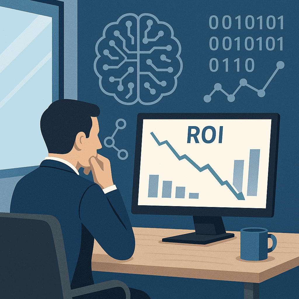 Illustration d’un bureau d’entreprise avec des éléments visuels représentant l’intelligence artificielle et le suivi de performance, symbolisant les interrogations autour du retour sur investissement de l’IA.