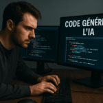 Développeur concentré devant un double écran, avec du code généré automatiquement par une IA visible sur l’un des moniteurs.