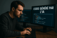 Développeur concentré devant un double écran, avec du code généré automatiquement par une IA visible sur l’un des moniteurs.