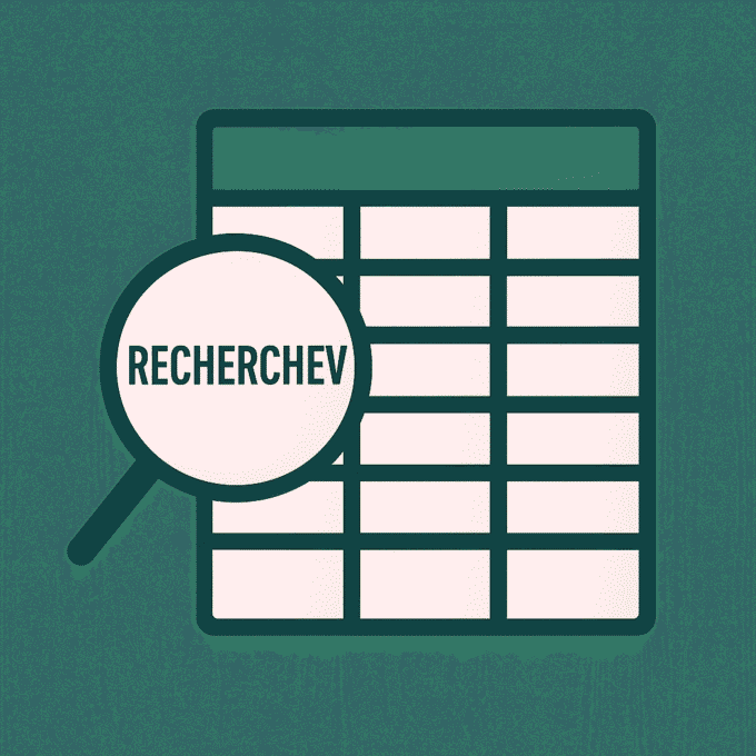 Illustration d'un tableau Excel avec une loupe sur la fonction RECHERCHEV