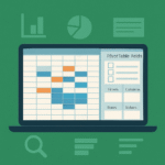 Illustration d’un tableau croisé dynamique Excel affiché sur un ordinateur portable, avec des champs de données et une grille colorée.