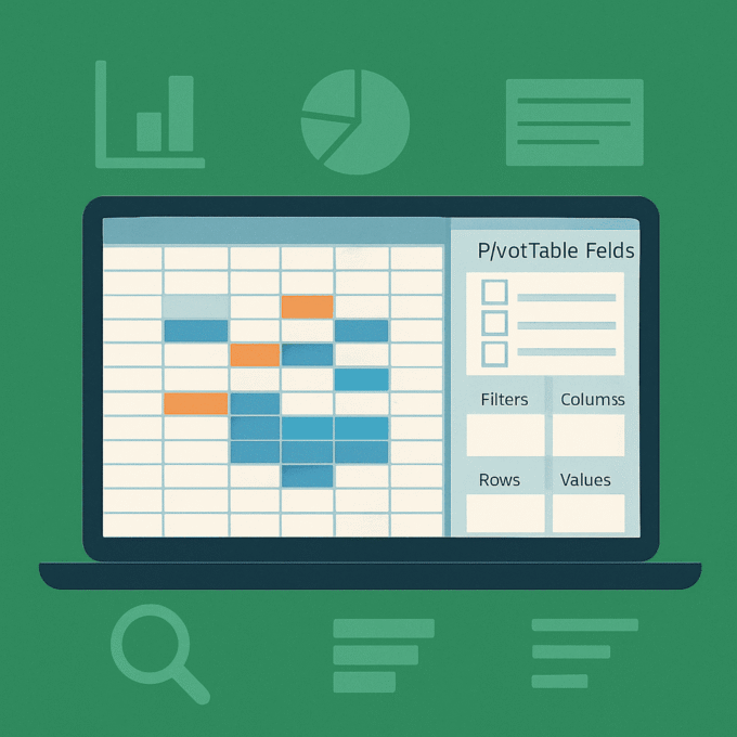 Illustration d’un tableau croisé dynamique Excel affiché sur un ordinateur portable, avec des champs de données et une grille colorée.