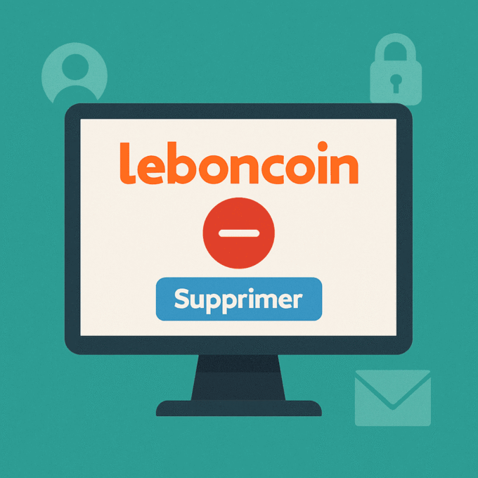 Illustration d’un écran d’ordinateur affichant le logo Leboncoin avec une icône de suppression, sur fond turquoise avec des pictogrammes de profil et sécurité.