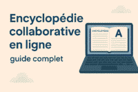 Illustration d’un guide sur l’encyclopédie collaborative en ligne, avec un ordinateur portable affichant une encyclopédie ouverte, sur fond beige avec texte en bleu.