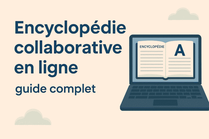 Illustration d’un guide sur l’encyclopédie collaborative en ligne, avec un ordinateur portable affichant une encyclopédie ouverte, sur fond beige avec texte en bleu.