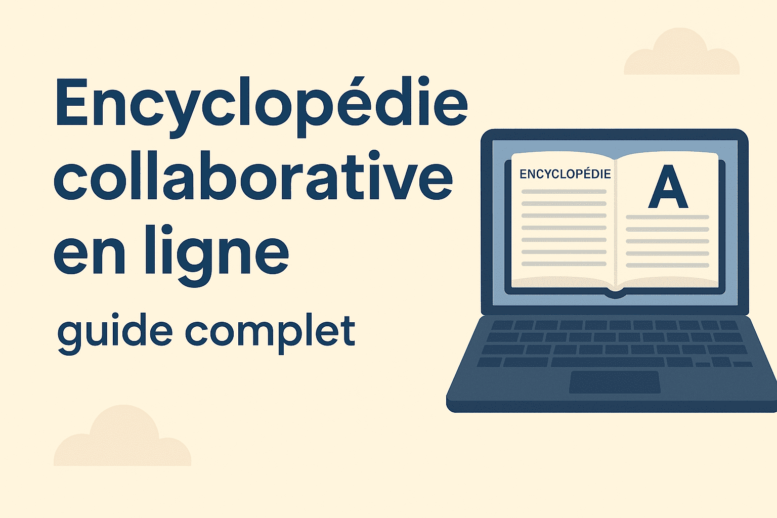 Illustration d’un guide sur l’encyclopédie collaborative en ligne, avec un ordinateur portable affichant une encyclopédie ouverte, sur fond beige avec texte en bleu.