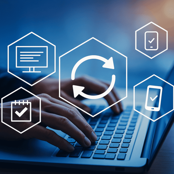 Mains tapant sur un clavier d’ordinateur avec des icônes technologiques (synchronisation, mobile, check-list) en surimpression, illustrant la notion de logiciel libre.