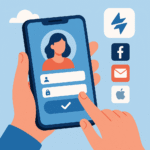 Illustration numérique montrant une personne tenant un smartphone avec l’écran affichant un formulaire de création de compte Happn, entouré des icônes de connexion via Facebook, e-mail et Apple.