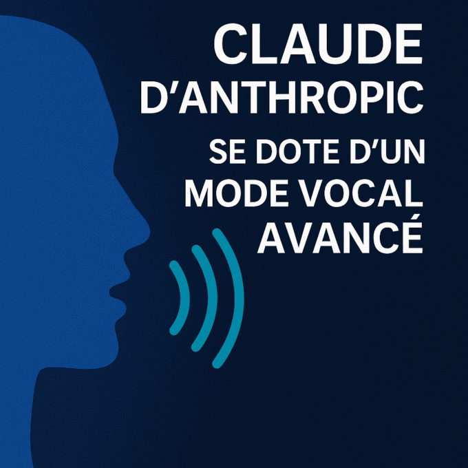 Annonce du mode vocal avancé de Claude par Anthropic, illustrée par un visage stylisé et des ondes sonores sur fond bleu.