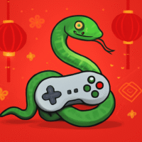 Illustration digitale d’un serpent vert enroulé autour d’une manette de jeu vidéo, sur fond rouge avec lanternes chinoises, symbole du Nouvel An lunaire.