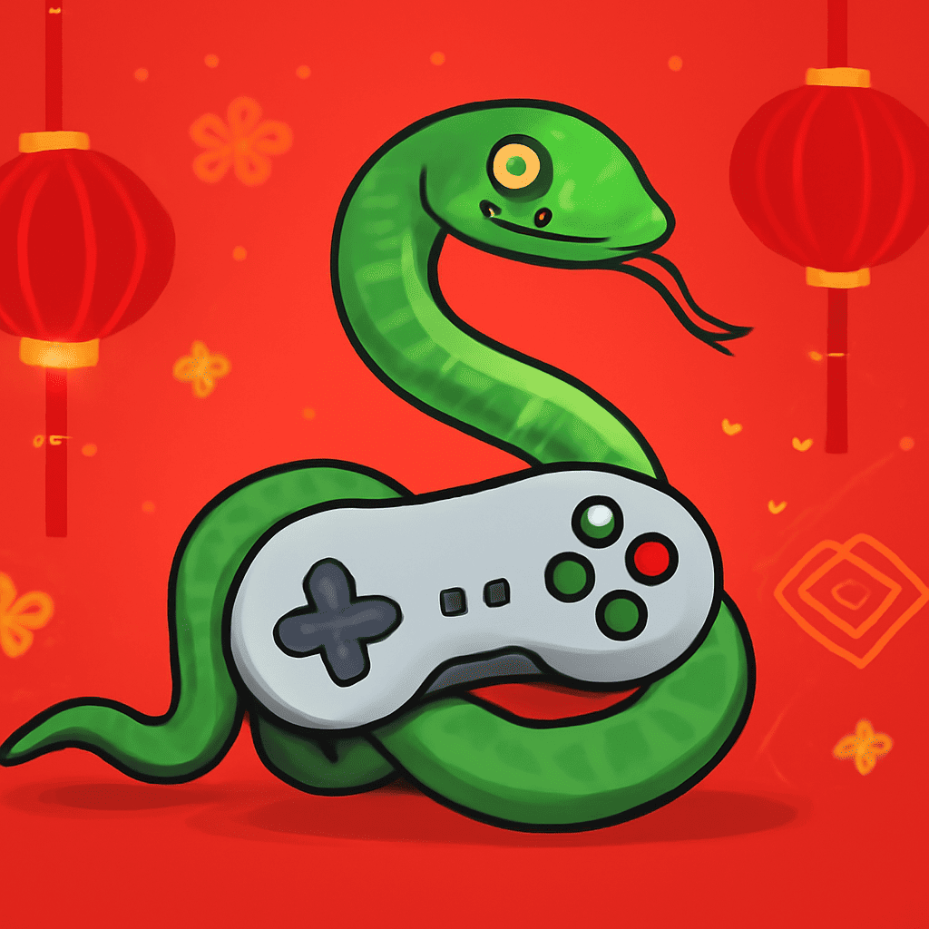 Illustration digitale d’un serpent vert enroulé autour d’une manette de jeu vidéo, sur fond rouge avec lanternes chinoises, symbole du Nouvel An lunaire.