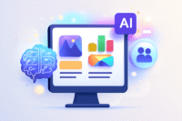 Écran d’ordinateur avec présentation et icônes d’intelligence artificielle et collaboration.