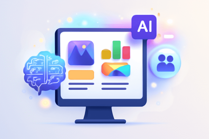 Écran d’ordinateur avec présentation et icônes d’intelligence artificielle et collaboration.