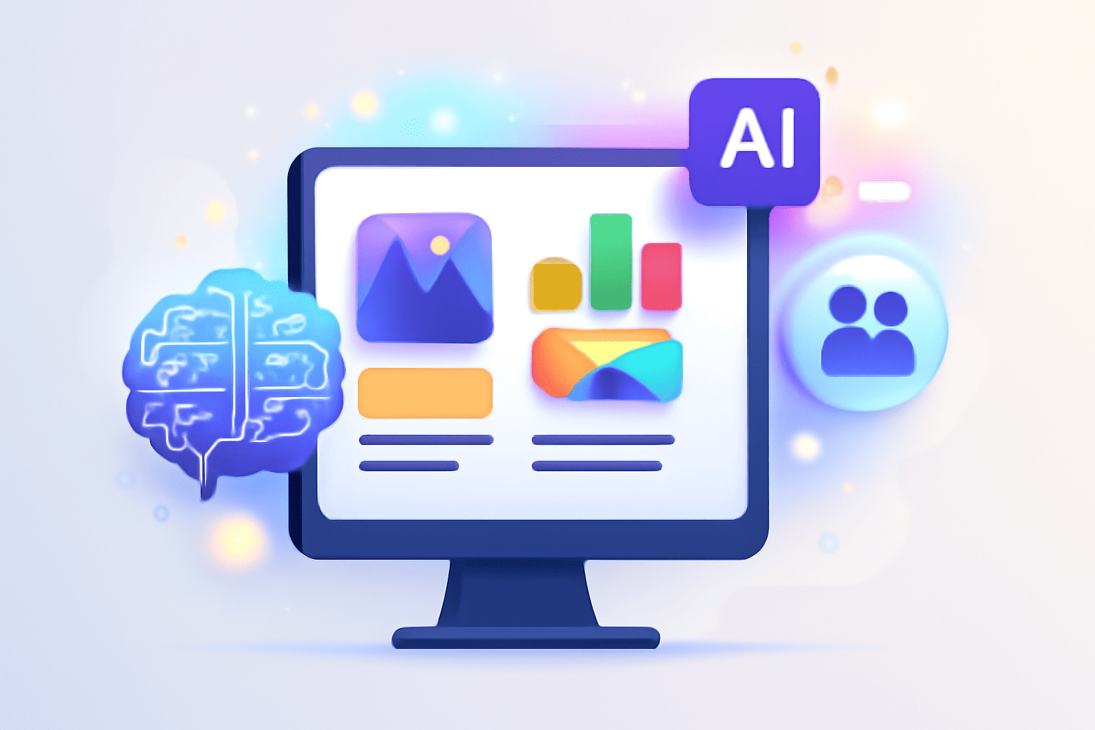 Écran d’ordinateur avec présentation et icônes d’intelligence artificielle et collaboration.