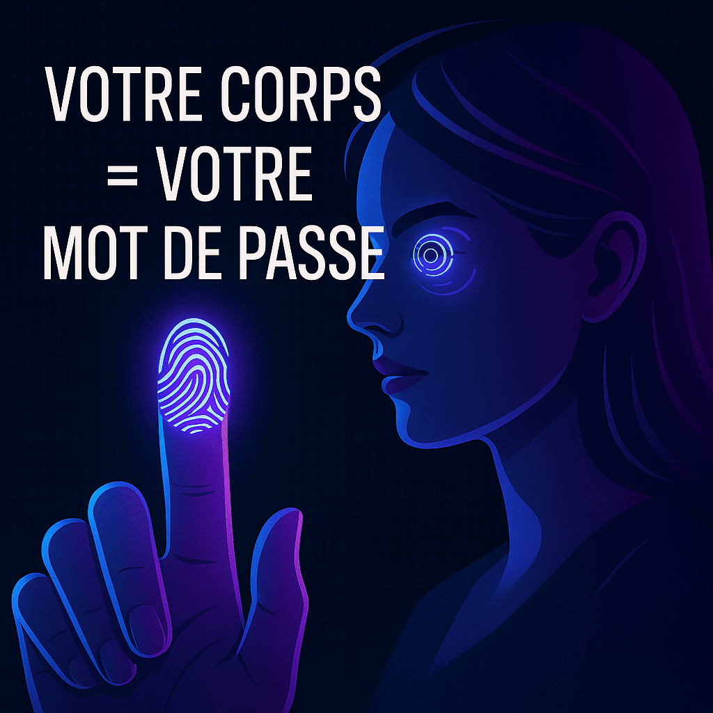 Illustration biométrique futuriste montrant une femme avec un scanner d'iris et un doigt illuminé par une empreinte digitale, avec le texte 'Votre corps = votre mot de passe ?