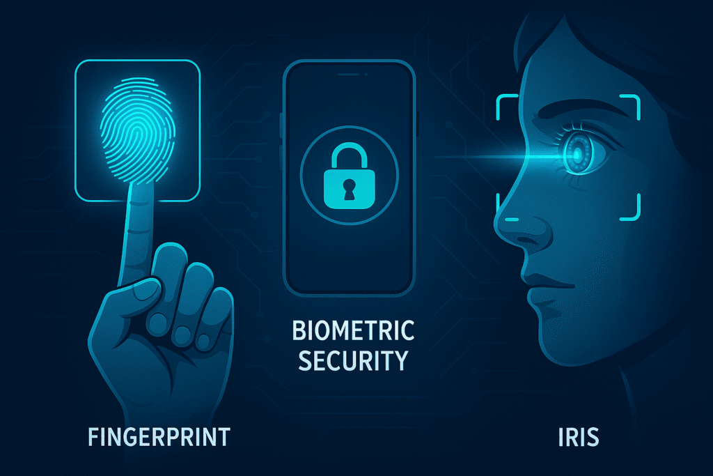 Illustration d’un système de sécurité biométrique avec trois éléments : une empreinte digitale scannée, un smartphone avec cadenas, et un scan de l’iris sur un visage de profil, sur fond technologique bleu.