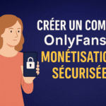 Miniature représentant une femme tenant un smartphone affichant un cadenas, avec le titre "Créer un compte OnlyFans : monétisation sécurisée" en lettres blanches et jaunes sur fond bleu technologique.