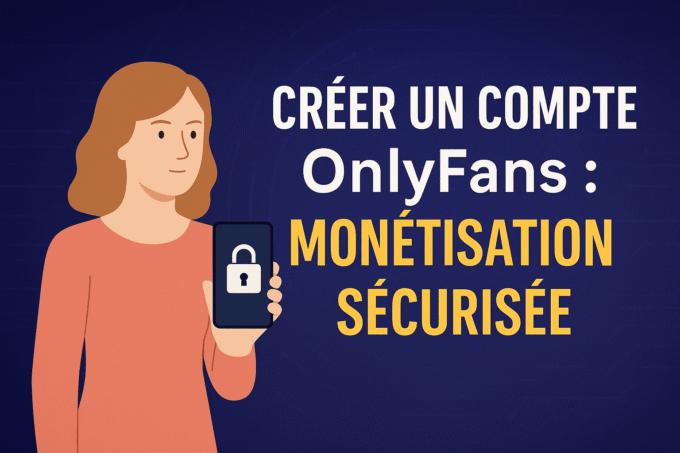 Miniature représentant une femme tenant un smartphone affichant un cadenas, avec le titre "Créer un compte OnlyFans : monétisation sécurisée" en lettres blanches et jaunes sur fond bleu technologique.