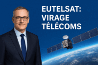 Jean‑François Fallacher en costume sur fond bleu, satellite Eutelsat et titre “EUTELSAT : VIRAGE TÉLÉCOMS