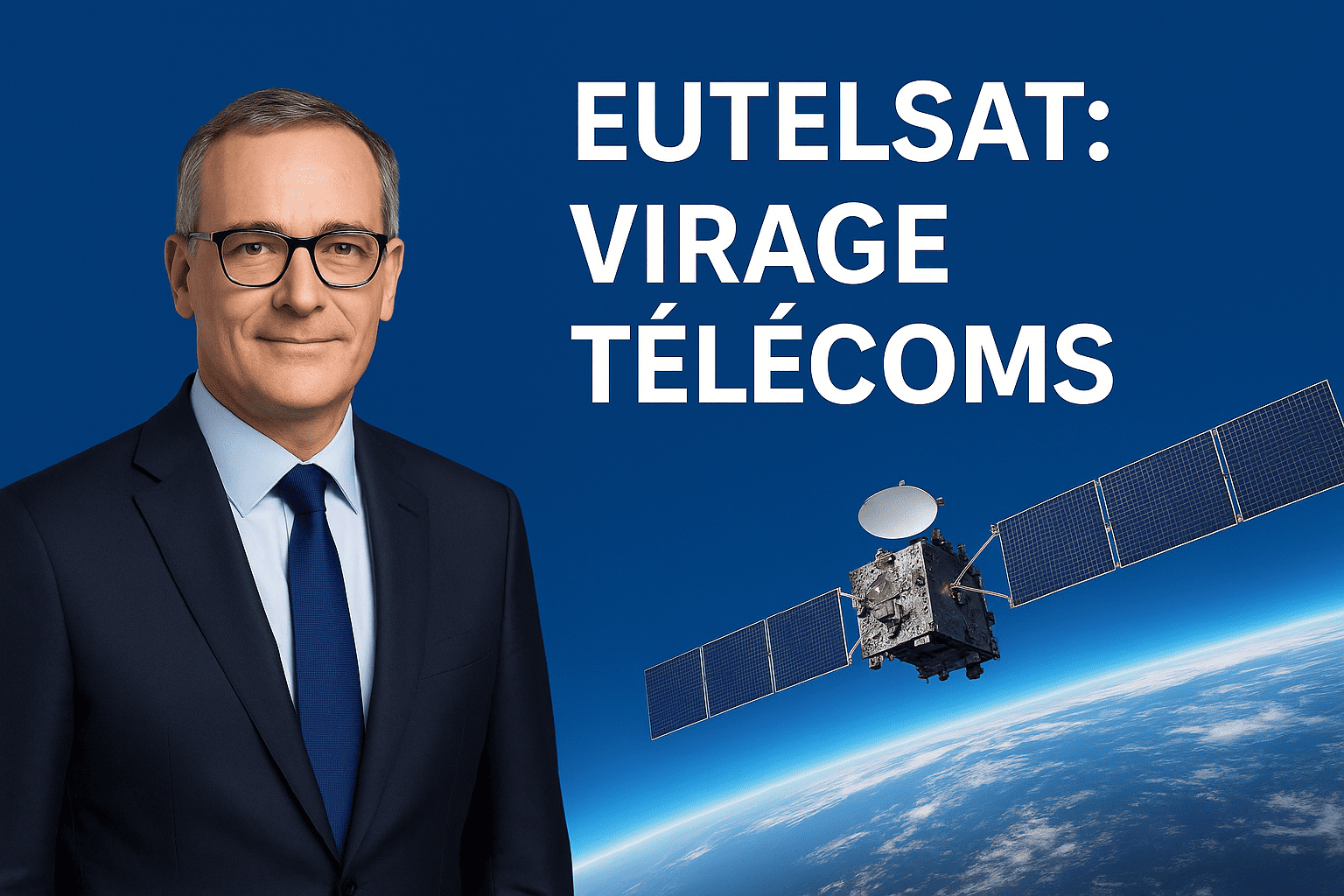 Jean‑François Fallacher en costume sur fond bleu, satellite Eutelsat et titre “EUTELSAT : VIRAGE TÉLÉCOMS