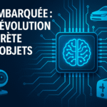 Illustration d’une puce électronique avec un cerveau lumineux bleu en son centre, connectée à des objets du quotidien comme une voiture, une webcam et un grille-pain, sur fond de circuits imprimés, avec le texte en français "IA embarquée : la révolution discrète des objets