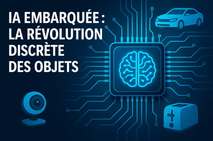 Illustration d’une puce électronique avec un cerveau lumineux bleu en son centre, connectée à des objets du quotidien comme une voiture, une webcam et un grille-pain, sur fond de circuits imprimés, avec le texte en français "IA embarquée : la révolution discrète des objets