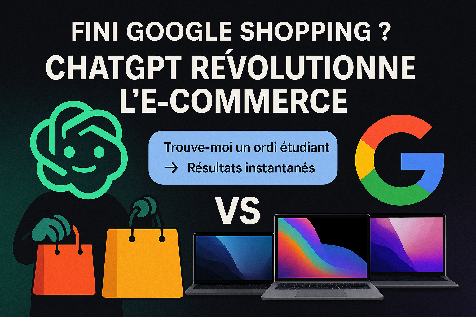 ChatGPT vs Google Shopping, avec sacs et produits tech.
