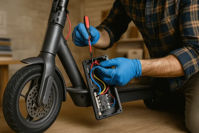 Homme débridant sa trottinette