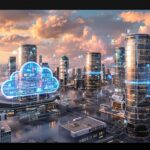 Ville futuriste avec des gratte-ciel connectés, une interface en forme de nuage représentant le stockage cloud, et des données numériques flottant dans l’air au coucher du soleil.