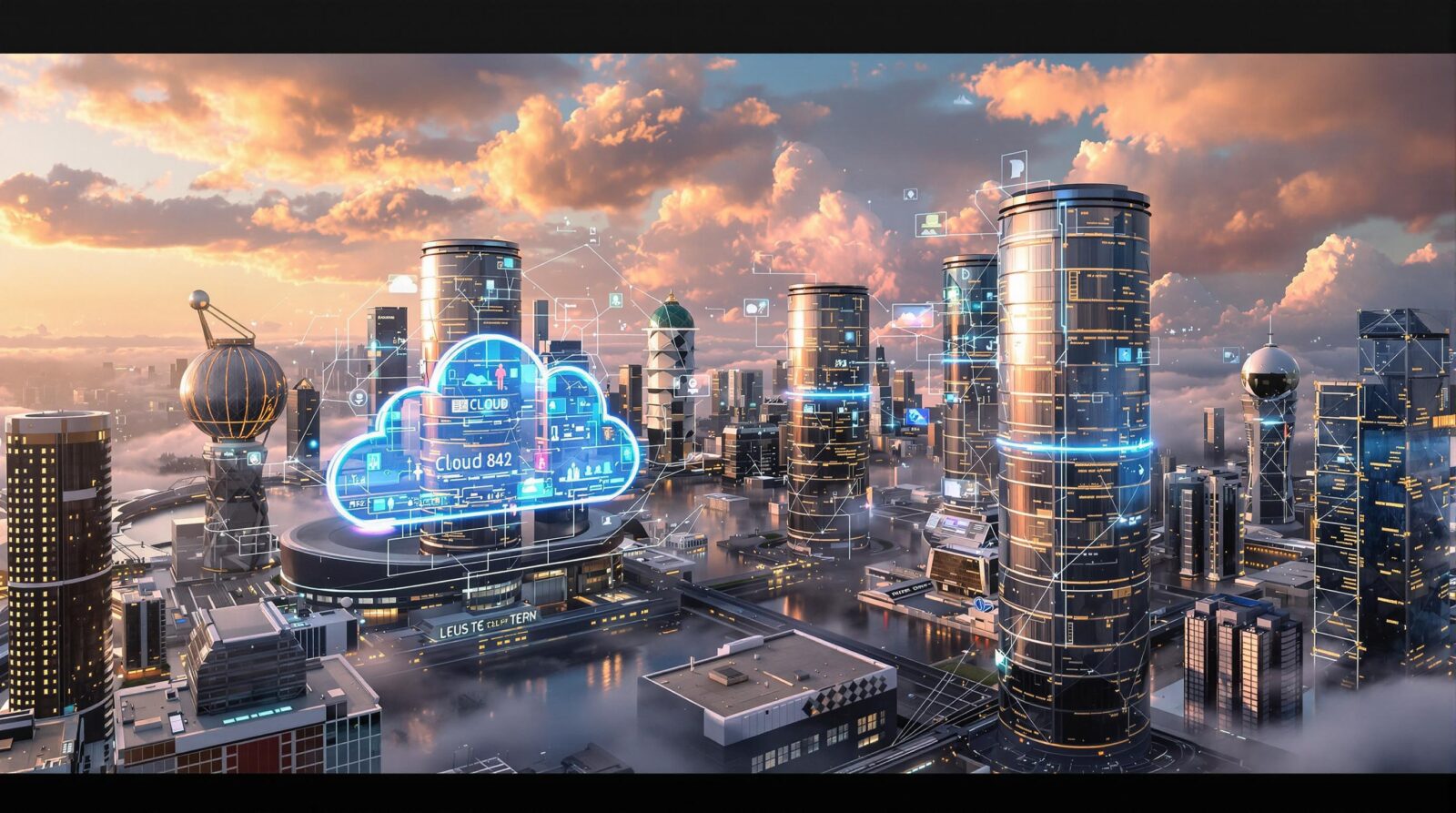 Ville futuriste avec des gratte-ciel connectés, une interface en forme de nuage représentant le stockage cloud, et des données numériques flottant dans l’air au coucher du soleil.
