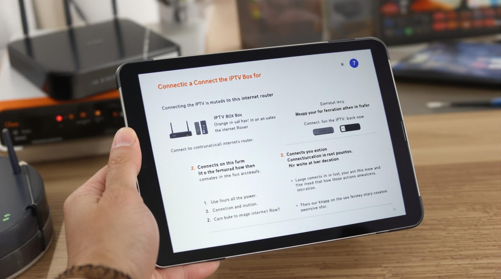 Tablet displaying instructions on connecting an IPTV box to an internet router.