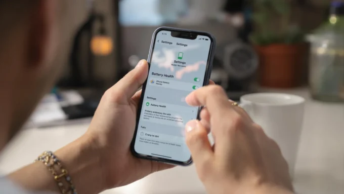 Utilisateur consultant les réglages de santé de la batterie sur un iPhone dans l'application Réglages, avec une tasse blanche en arrière-plan sur un bureau