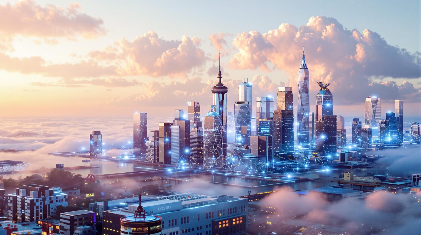 Vue futuriste d'une ville connectée avec des gratte-ciel lumineux, des réseaux numériques visibles et une mer de nuages au lever du soleil.
