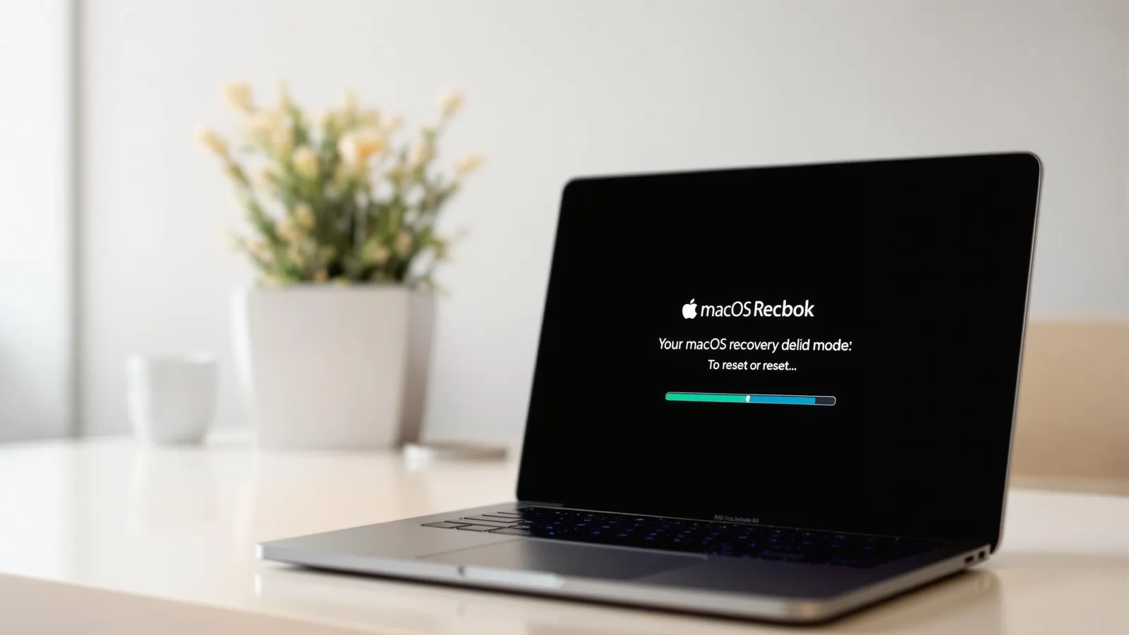 Ordinateur portable affichant un faux écran de récupération macOS avec le texte « macOS Recbok », posé sur un bureau blanc à côté d’une plante en pot et d’une tasse.