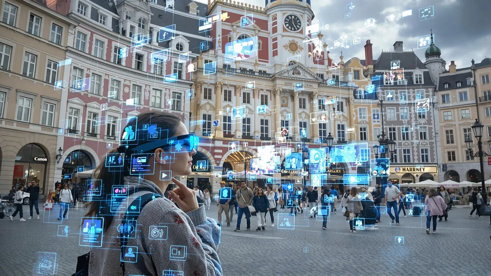 Femme portant des lunettes de réalité augmentée dans une place urbaine animée, visualisant des interfaces numériques flottantes, avec des bâtiments historiques colorés en arrière-plan.