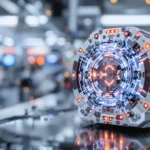 Moteur quantique futuriste avec circuits lumineux bleus et rouges, posé sur une table high-tech dans un laboratoire moderne.