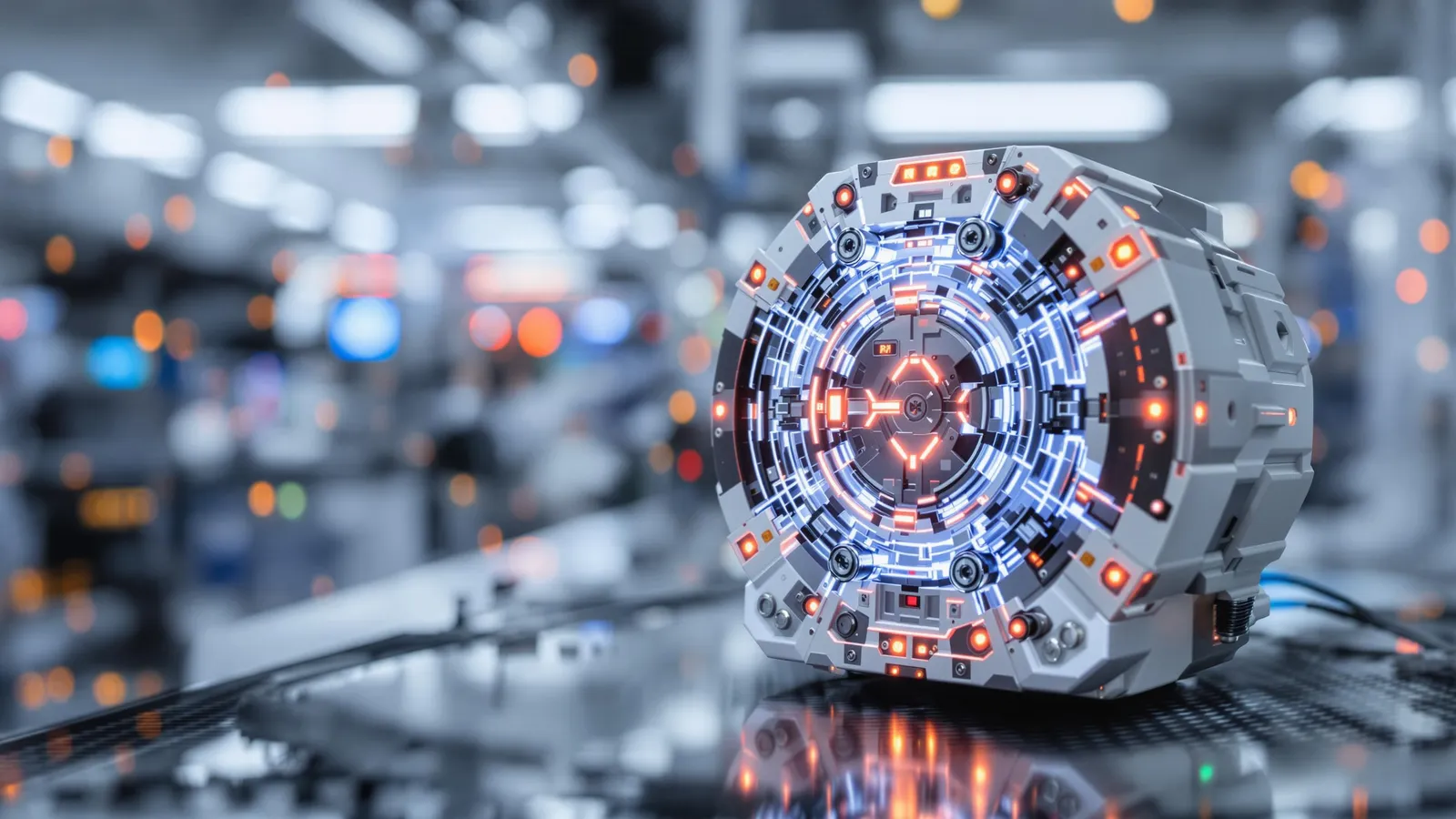 Moteur quantique futuriste avec circuits lumineux bleus et rouges, posé sur une table high-tech dans un laboratoire moderne.