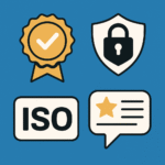 Icônes de certifications, sécurité, ISO et avis clients sur fond bleu